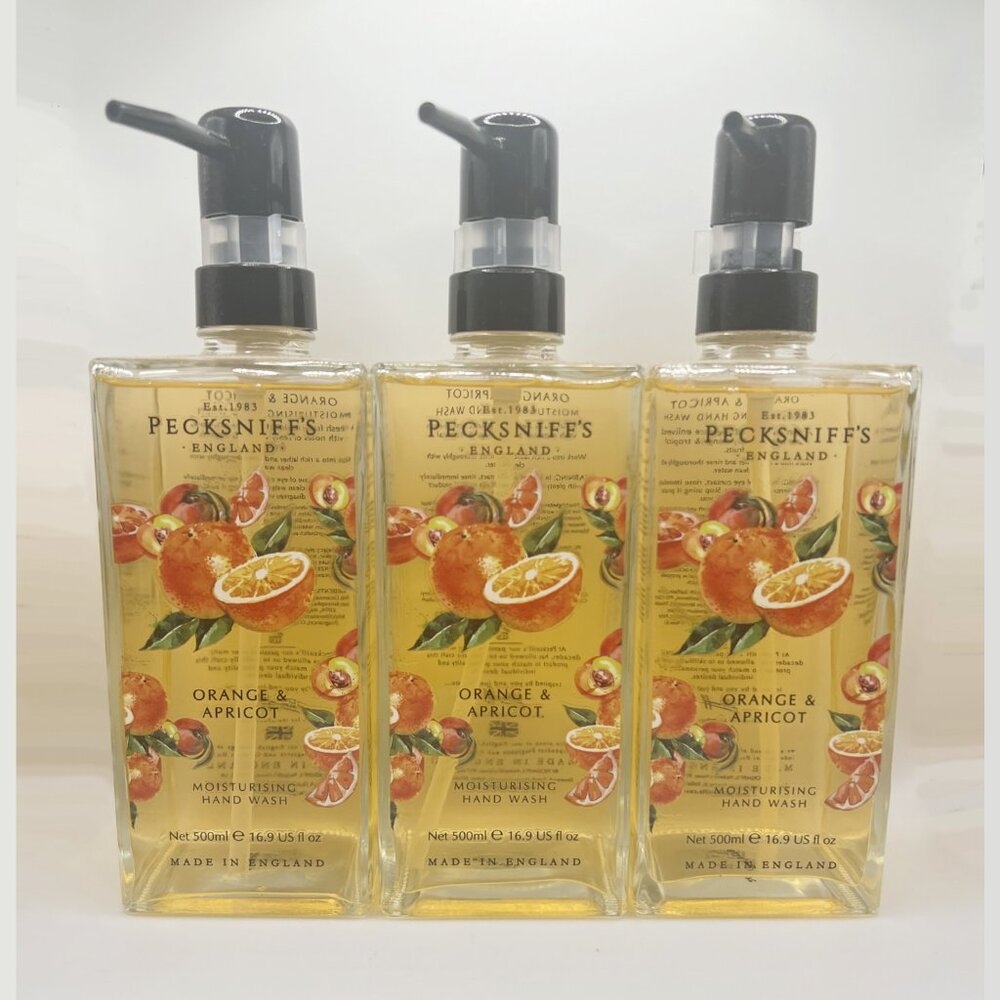 NEW 3x Pecksniffs Orange & Apricot Glass Bottle Moisturizing Hand Wash 16.9 oz